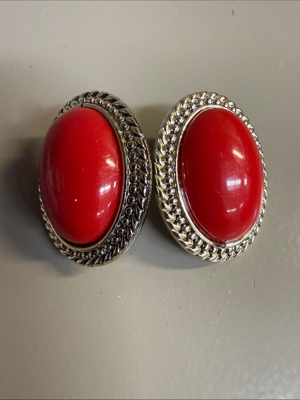 Red Oval Cabochon Silver-Tone Clip On Earrings Vintage -Women Jewelry